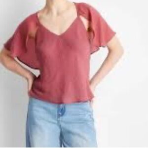 Chic Dusty Rose Flutter Sleeve V Neck Blouse Top Women's